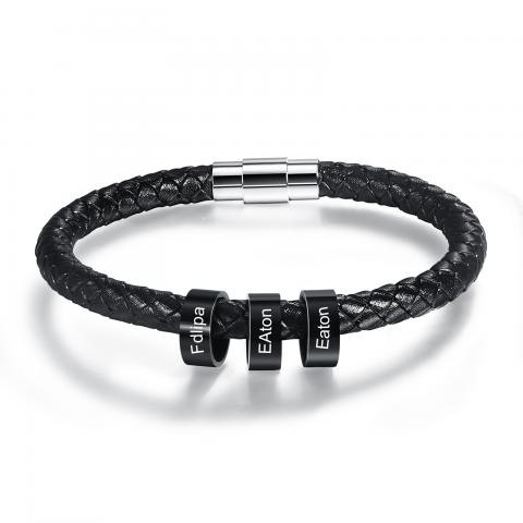 Sotiya Men's Braided Leather Bracelet with Custom Beaded in Tungsten-Sotiya