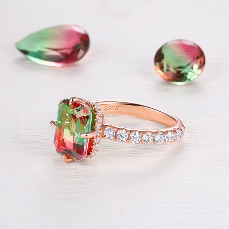 Sotiya Hidden Halo Design Emerald Cut Watermelon Engagement Ring Sterling Silver-Sotiya