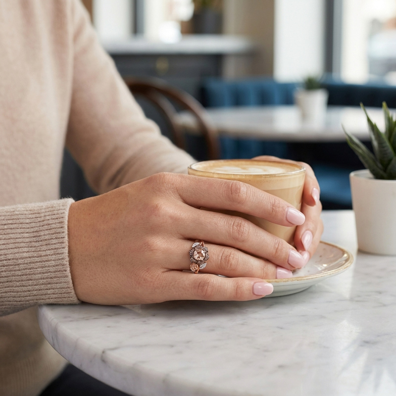 Sotiya Rose and Leaf Synthetic Morganite Flower Halo Round Cut Coffee Engagement Ring Sterling Silver-Sotiya