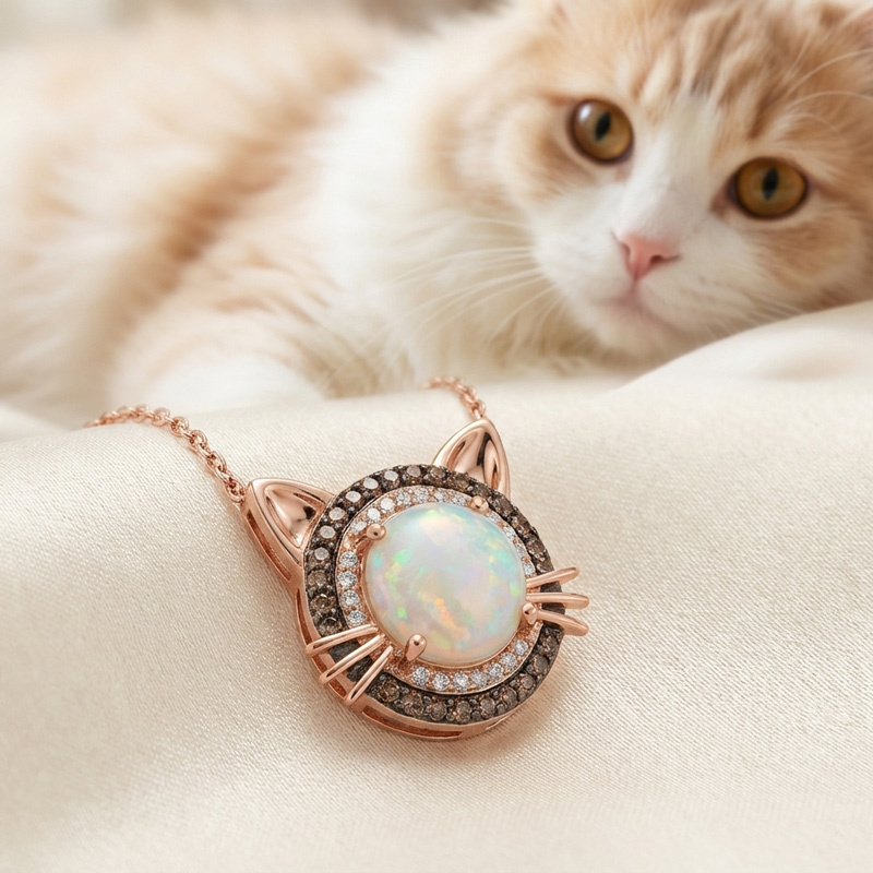 Sotiya Cat Design Double Halo Opal Round Cut Coffee Necklace Sterling Silver-Sotiya