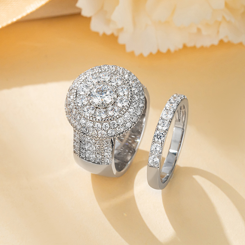 Sotiya Three Halo Milgrain Round Cut Wedding Ring Set Sterling Silver-Sotiya