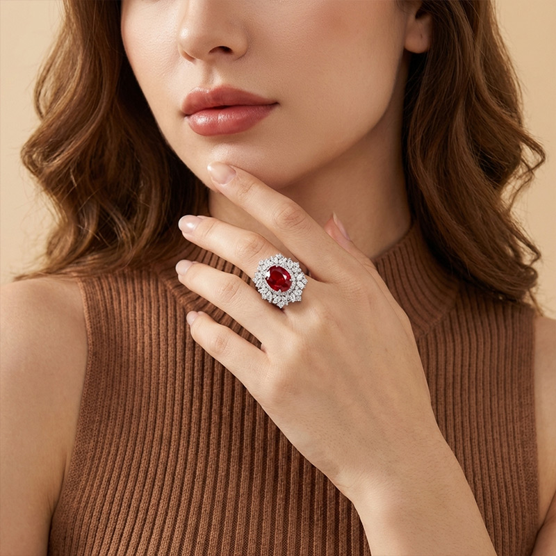 Sotiya Unique Halo Lab Grown Ruby Red Oval Cut Cocktail Ring Sterling Silver