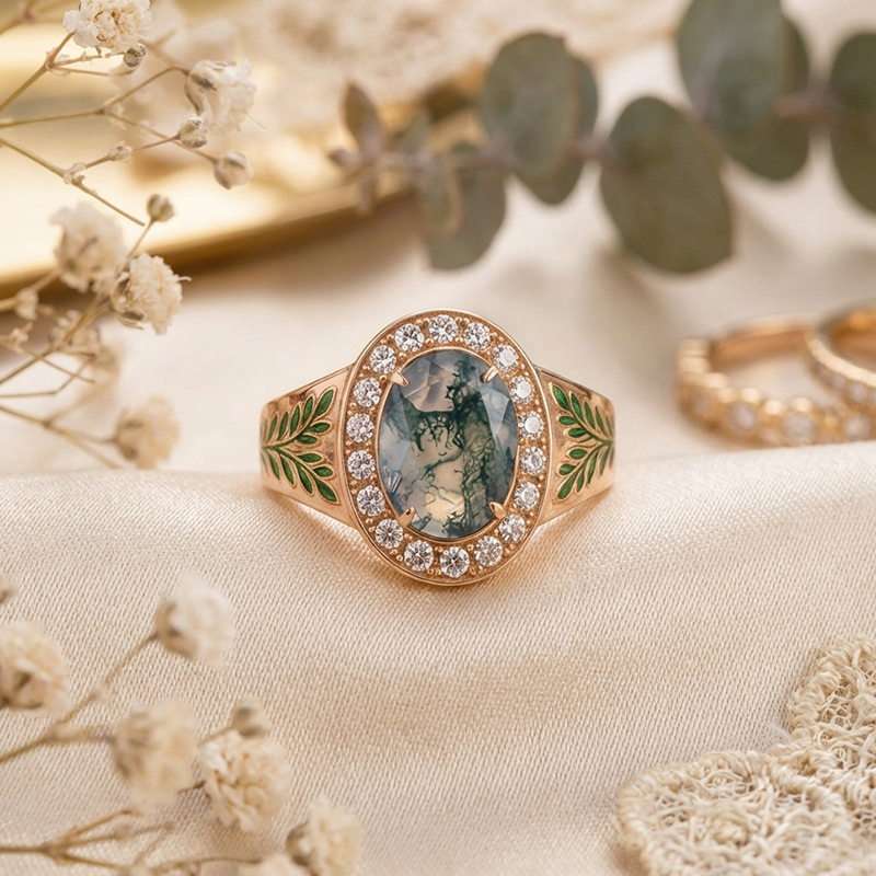 Sotiya Victorian Bay Leaf Enamel Halo Oval Cut Moss Agate Engagement Ring Sterling Silver-Sotiya