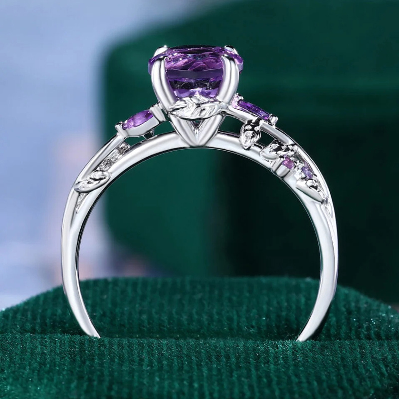Sotiya Nature Inspired Leaf Round Cut Amethyst Engagement Ring Sterling Silver-Sotiya