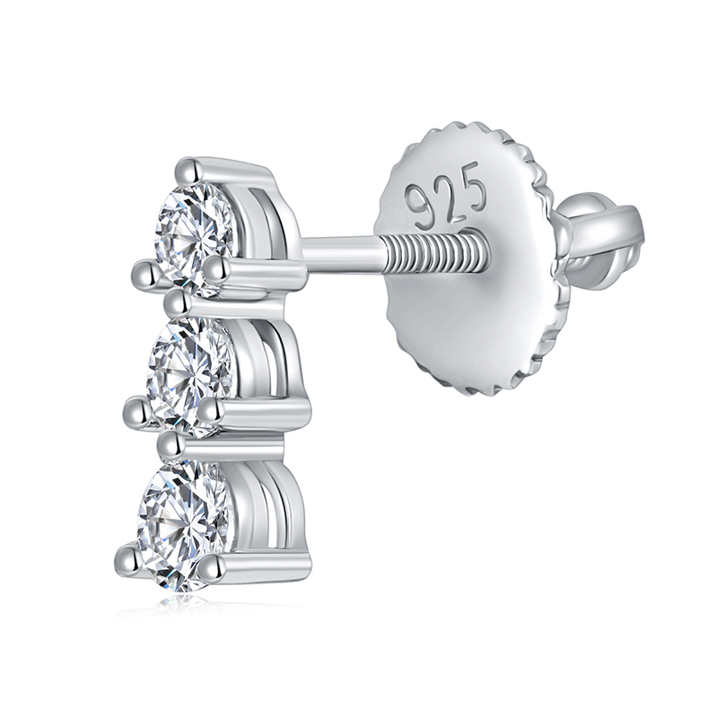 Sotiya Three Stone Round Cut Moissanite Stud Earrings Sterling Silver-Sotiya