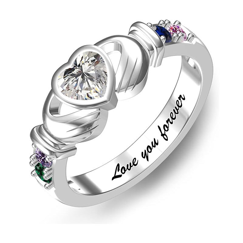 Sotiya Heart Cut Claddagh Ring Custom 12 Birthstone Engraved Name Promise Ring Sterling Silver-Sotiya
