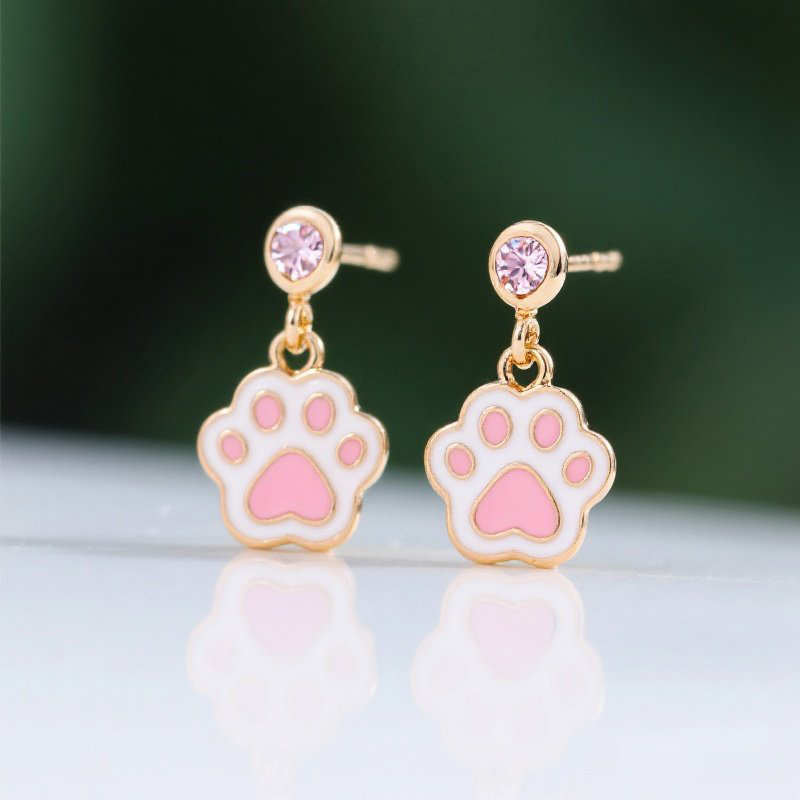 Sotiya Pet Cat Dog Paw Pink Enamel Drop Earrings Sterling Silver-Sotiya