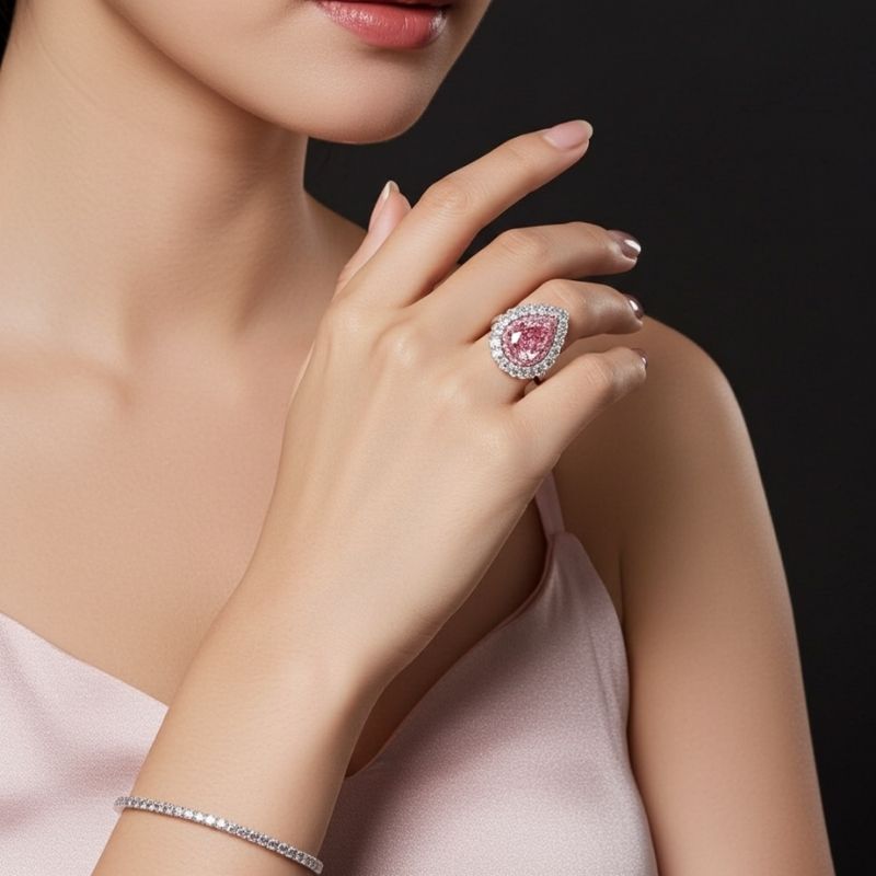 Sotiya Double Halo Cathedral Pear Cut Pink Two Tone Engagement Ring Sterling Silver-Sotiya