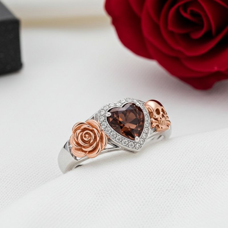 Sotiya Flower Skull Halo Heart Cut Coffee Engagement Ring Sterling Silver-Sotiya