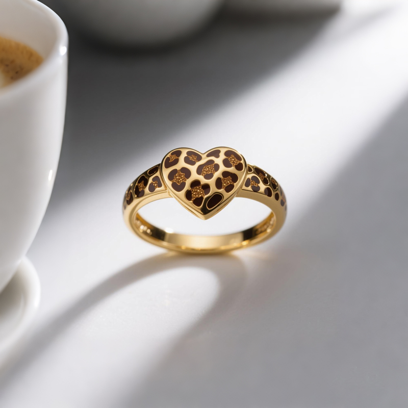 Sotiya Heart Leopard Print Enamel Ring Sterling Silver-Sotiya