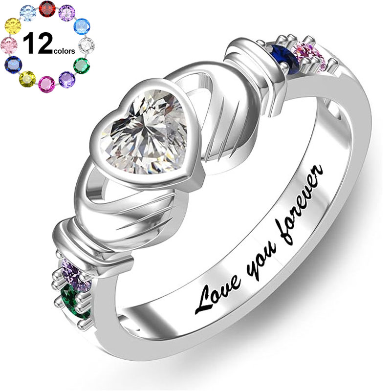 Sotiya Heart Cut Claddagh Ring Custom 12 Birthstone Engraved Name Promise Ring Sterling Silver-Sotiya