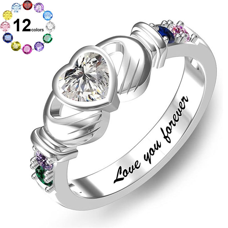 Sotiya Heart Cut Claddagh Ring Custom 12 Birthstone Engraved Name Promise Ring Sterling Silver-Sotiya