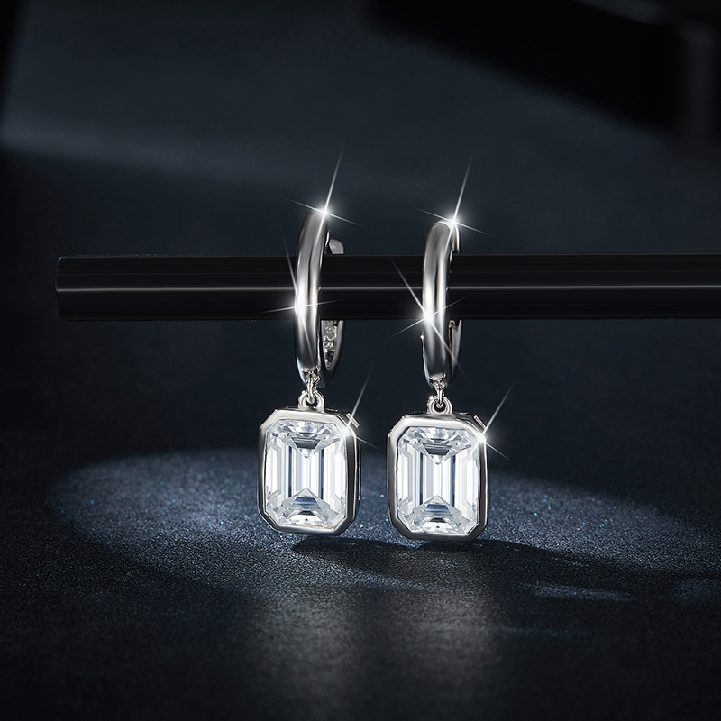 Sotiya Solitaire Emerald Cut Moissanite Drop Earrings Sterling Silver-Sotiya