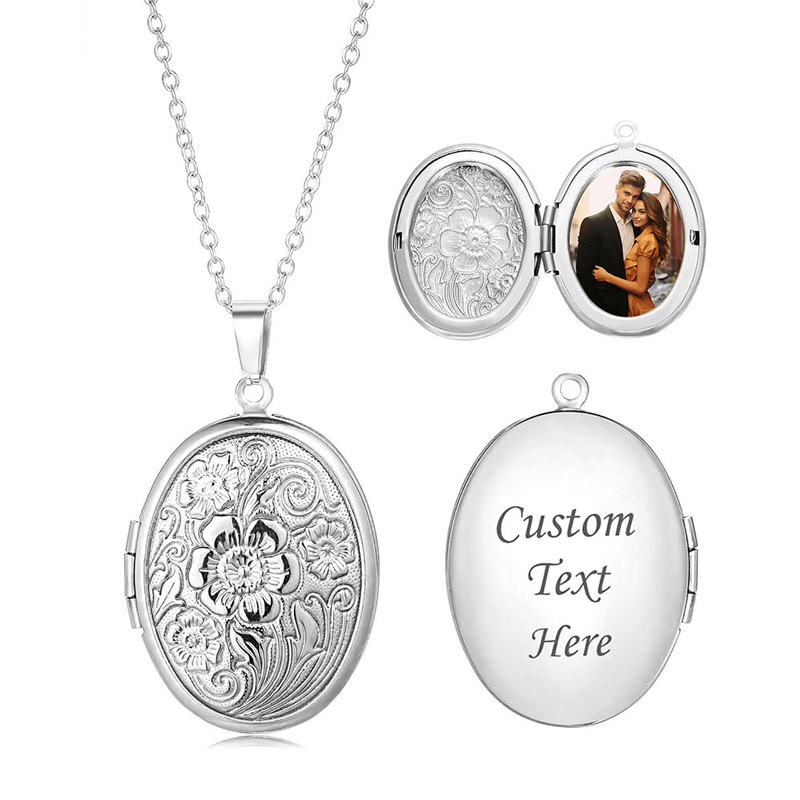 Sotiya Vintage Floral Print Oval Personalized Photo Locket Necklace Stainless Steel-Sotiya