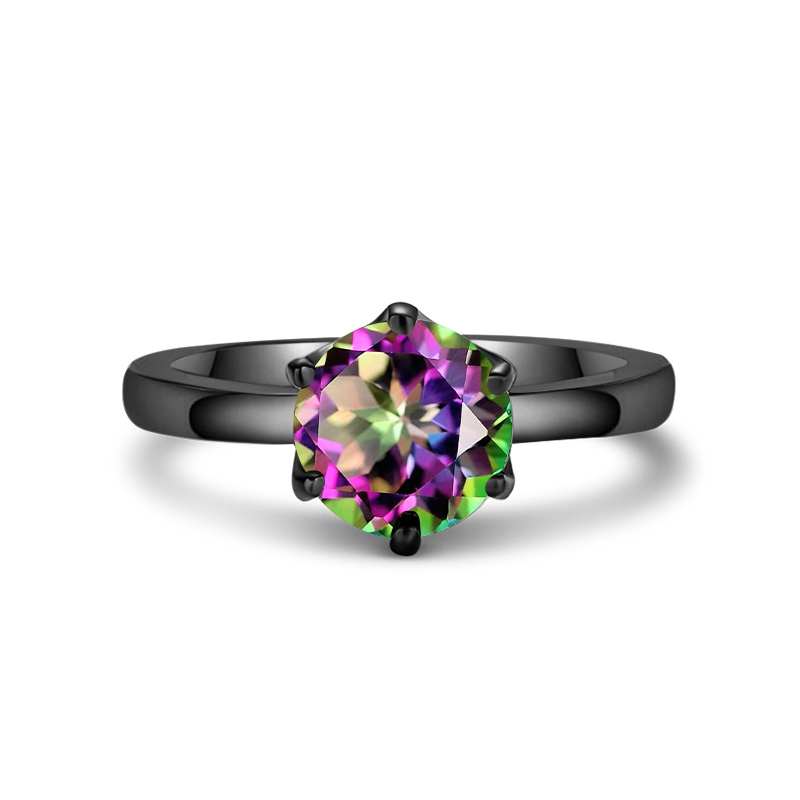 Sotiya Solitaire Black Round Cut Rainbow Mystic Quartz Engagement Ring Sterling Silver-Sotiya