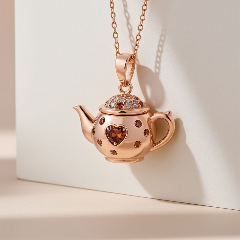 Sotiya Best Buds Teapot and Dancing Princess Heart Cut Chocolate Necklace Sterling Silver-Sotiya