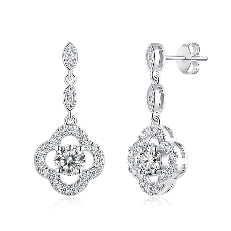 Sotiya Four Leaf Clover Round Cut Moissanite Drop Earrings Sterling Silver-Sotiya
