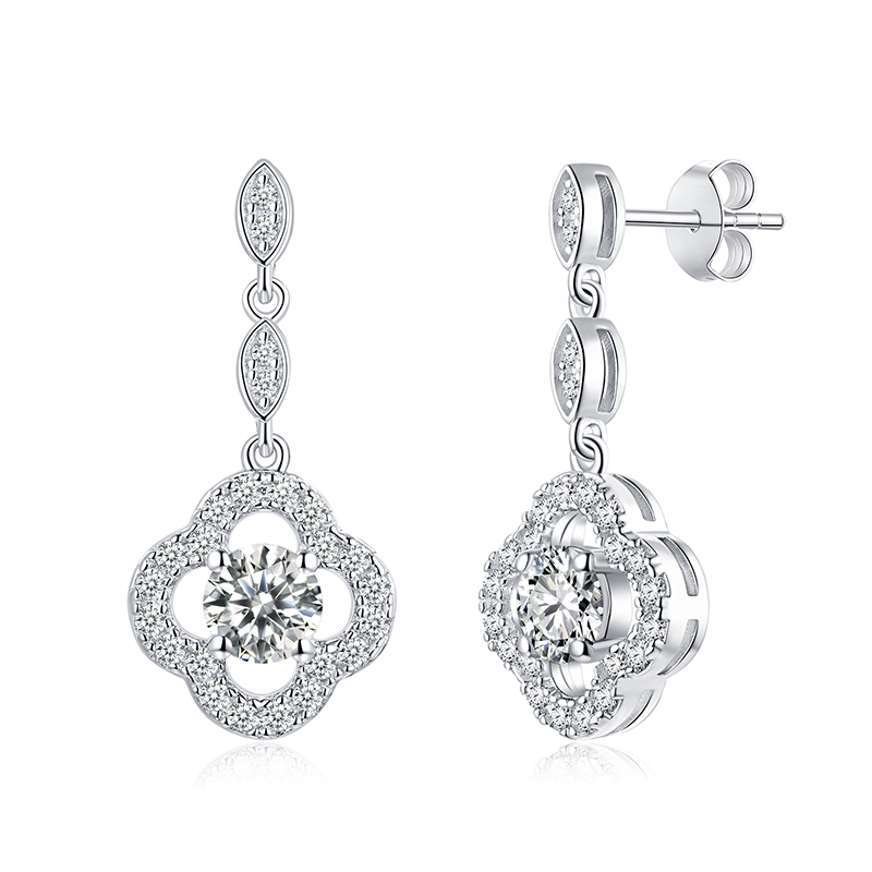 Sotiya Four Leaf Clover Round Cut Moissanite Drop Earrings Sterling Silver-Sotiya