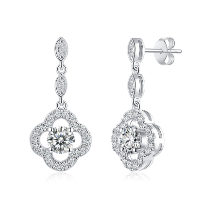 Sotiya Four Leaf Clover Round Cut Moissanite Drop Earrings Sterling Silver-Sotiya