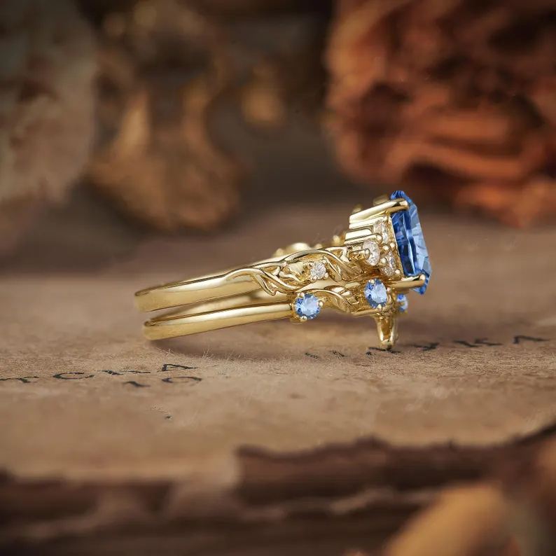 Sotiya Leaf Cluster Aquamarine Blue Oval Fantasy Starbrite Cut Wedding Bridal Ring Set Sterling Silver-Sotiya