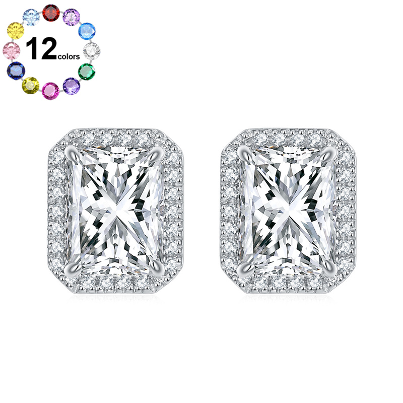 Sotiya 12 Birthstones Halo Emerald Cut Stud Earrings Sterling Silver-Sotiya