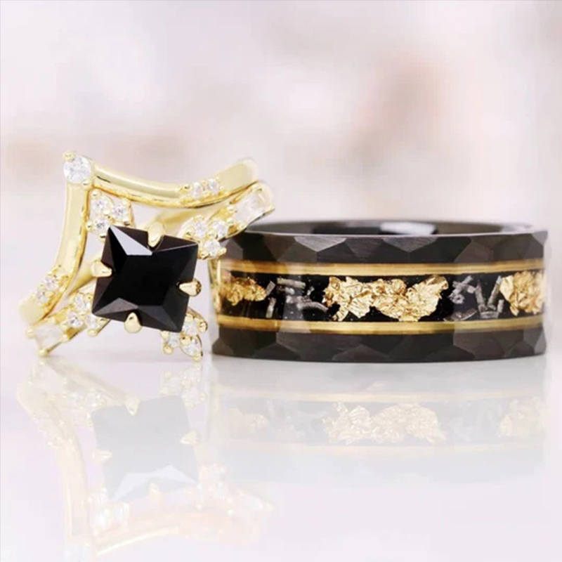 Sotiya Vintage Black Princess Cut & Meteorite Gold Leaf Couple Rings-Sotiya
