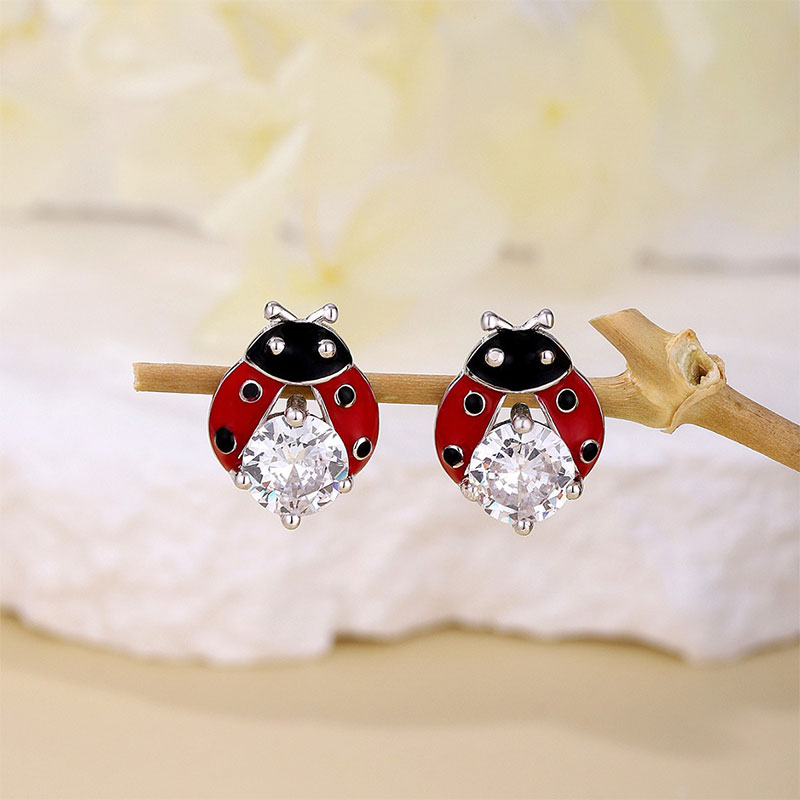 Sotiya Round Cut Enamel Ladybug Design Stud Earrings Sterling Silver-Sotiya