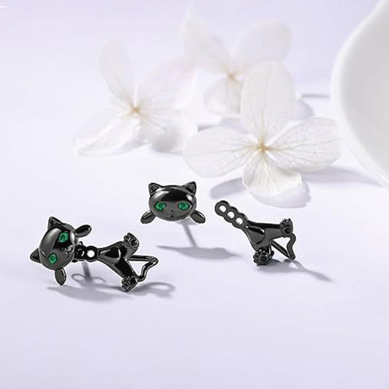 Sotiya Animal Black Cat Split Two-Piece Earrings Sterling Silver-Sotiya