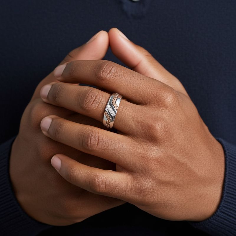 Sotiya White Gold Round Coffee Stone Band Men's Wedding Ring Sterling Silver-Sotiya