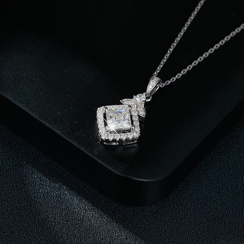 Sotiya Halo Princess Cut Moissanite Necklace Sterling Silver-Sotiya