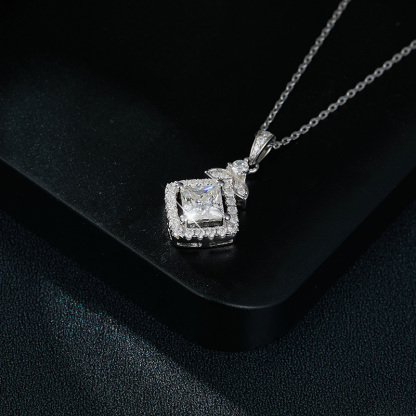 Sotiya Halo Princess Cut Moissanite Necklace Sterling Silver-Sotiya