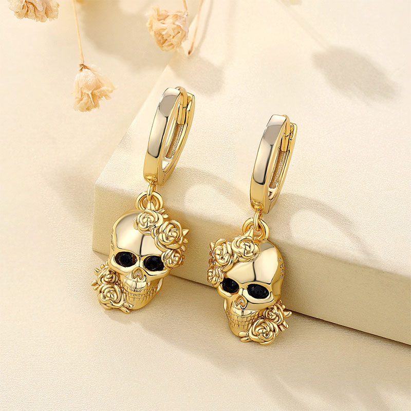 Sotiya Round Cut Gothic Rose Skull Design Drop Earrings Sterling Silver-Sotiya