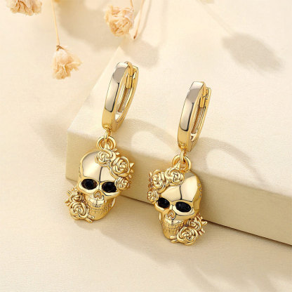 Sotiya Round Cut Gothic Rose Skull Design Drop Earrings Sterling Silver-Sotiya
