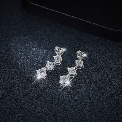 Sotiya Three Stone Round Cut Moissanite Drop Earrings Sterling Silver-Sotiya