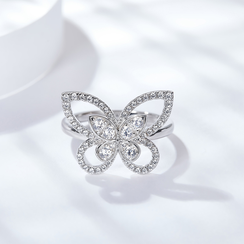 Sotiya Hollow Butterfly Round Cut Moissanite Cocktail Ring Sterling Silver-Sotiya