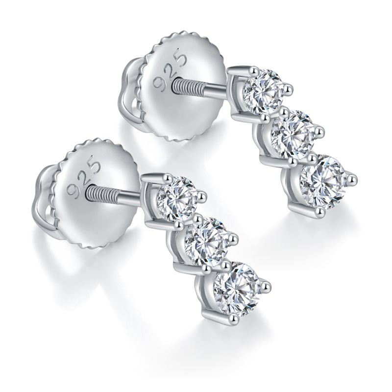 Sotiya Three Stone Round Cut Moissanite Stud Earrings Sterling Silver-Sotiya