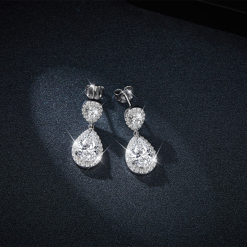 Sotiya Two Stone Halo Pear Cut Moissanite Drop Earrings Sterling Silver-Sotiya