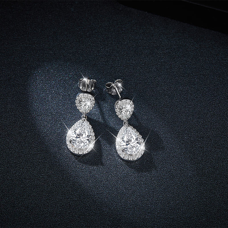 Sotiya Two Stone Halo Pear Cut Moissanite Drop Earrings Sterling Silver-Sotiya