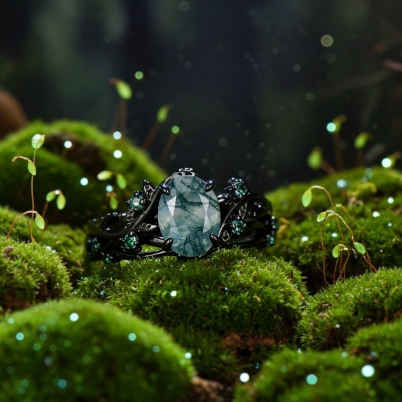 Sotiya Nature Inspired Oval Cut Green Moss Agate Wedding Bridal Ring Set Sterling Silver-Sotiya