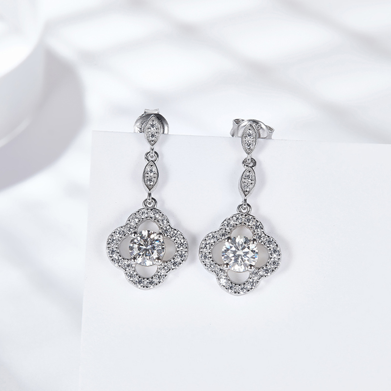 Sotiya Four Leaf Clover Round Cut Moissanite Drop Earrings Sterling Silver-Sotiya