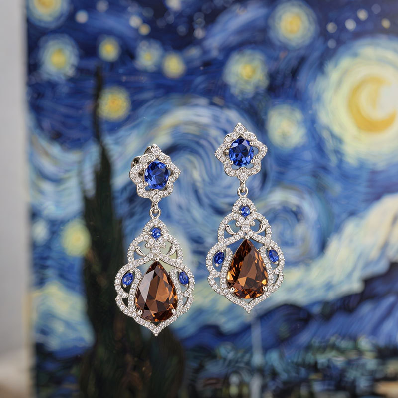 Sotiya Artist Collection Famous Painting Starry Night Vintage Pear Cut Chocolate Drop Earrings Sterling Silver-Sotiya