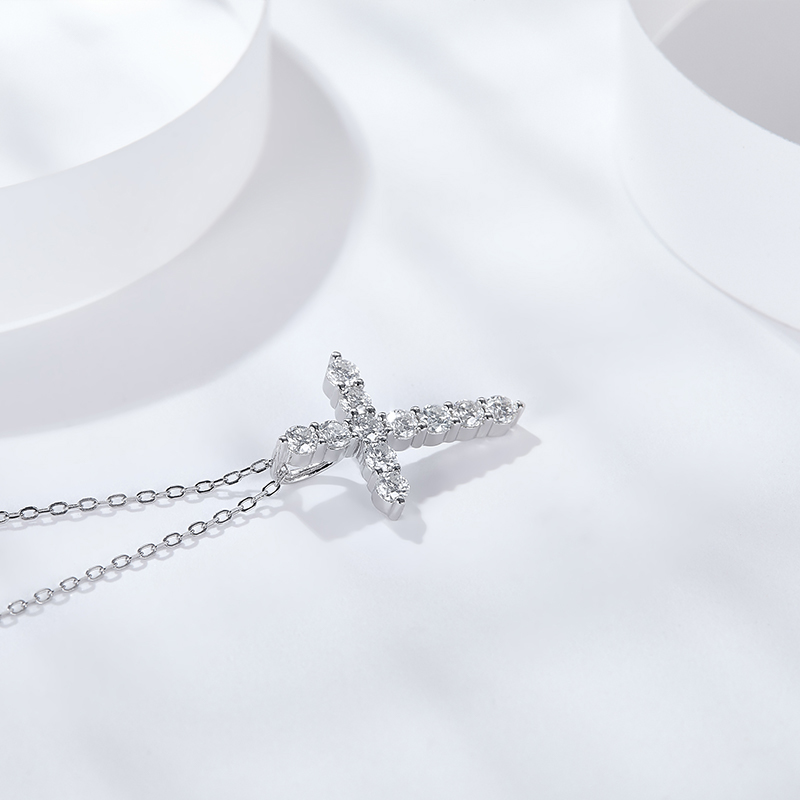 Sotiya Cross Design Round Cut Moissanite Necklace Sterling Silver-Sotiya