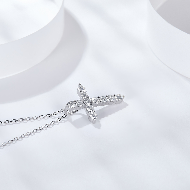 Sotiya Cross Design Round Cut Moissanite Necklace Sterling Silver-Sotiya