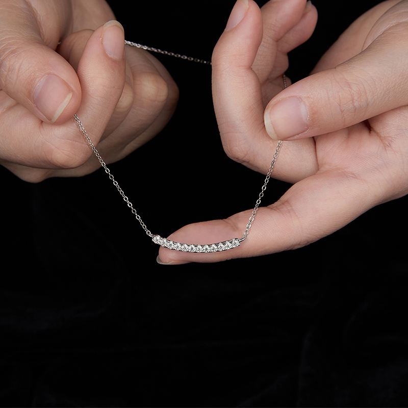 Sotiya Tiny Pave Round Cut Moissanite Curve Bar Necklace Sterling Silver-Sotiya