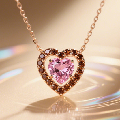 Sotiya Hollow Halo Pink Heart Cut Coffee Necklace Sterling Silver-Sotiya