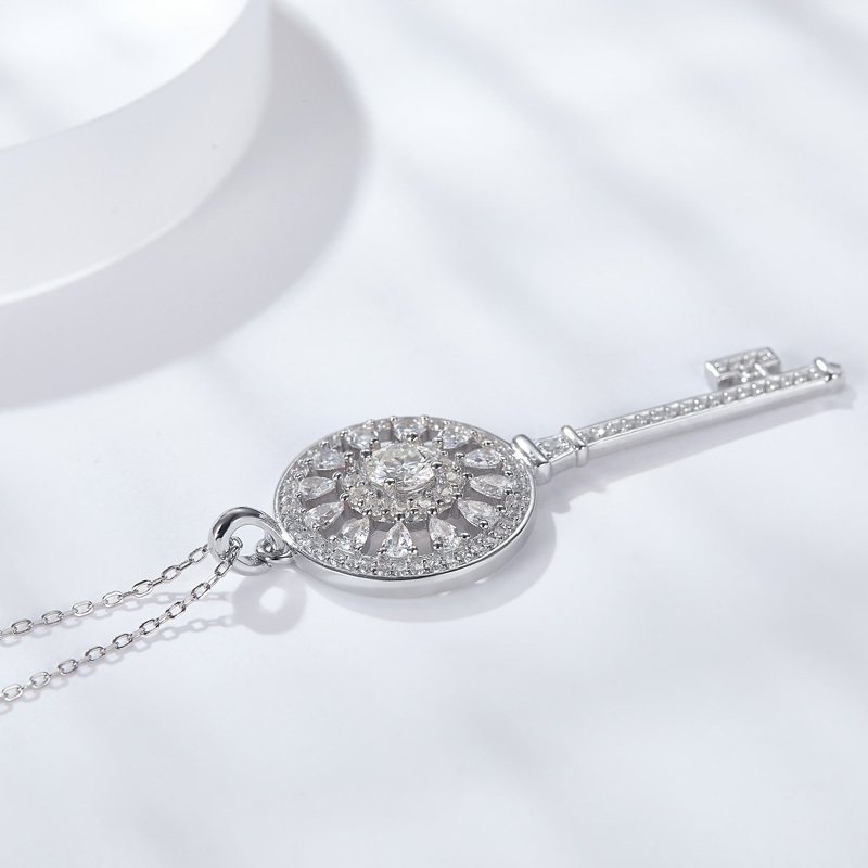 Sotiya Flower and Key Design Halo Round Cut Moissanite Necklace Sterling Silver-Sotiya
