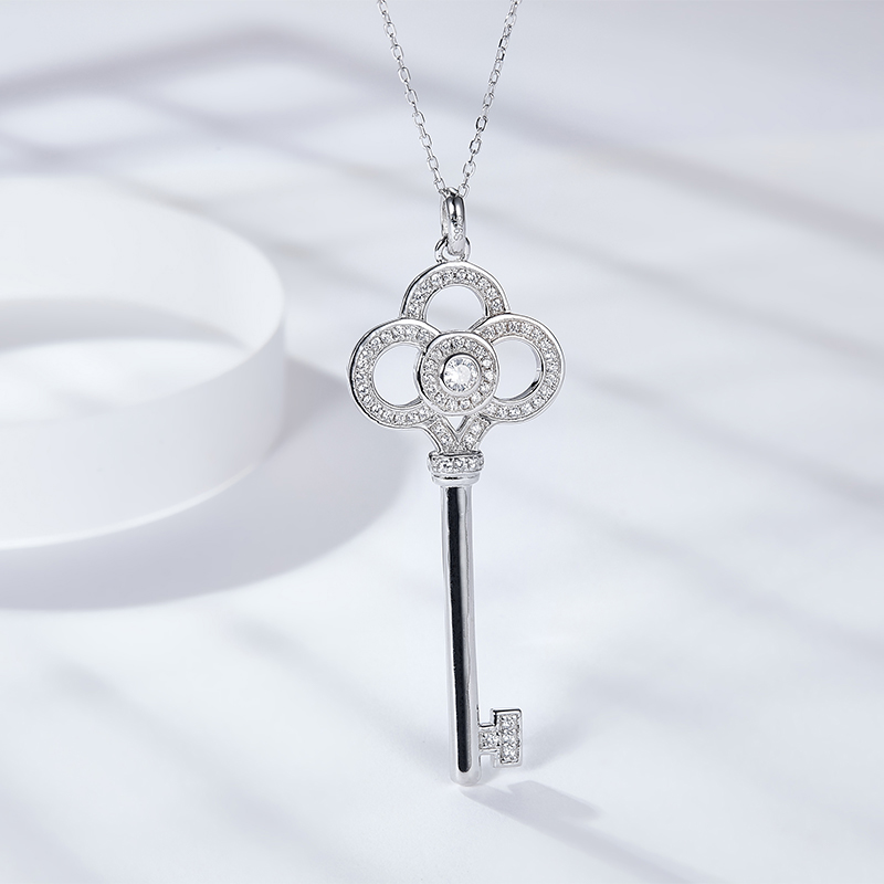 Sotiya Key Design Halo Round Cut Moissanite Necklace Sterling Silver-Sotiya