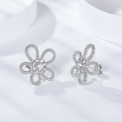 Sotiya Flower Design Halo Round Cut Moissanite Stud Earrings Sterling Silver-Sotiya