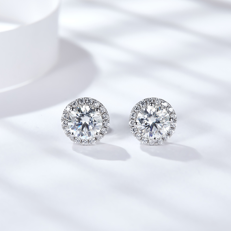 Sotiya Halo Round Cut Moissanite Stud Earrings Sterling Silver-Sotiya