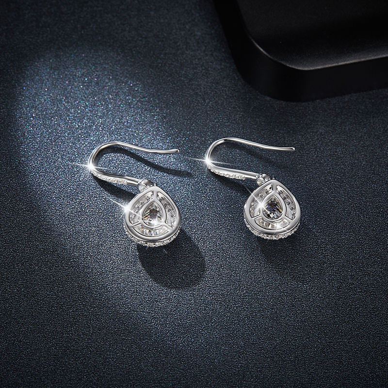 Sotiya Halo Pear Cut Moissanite Drop Earrings Sterling Silver-Sotiya